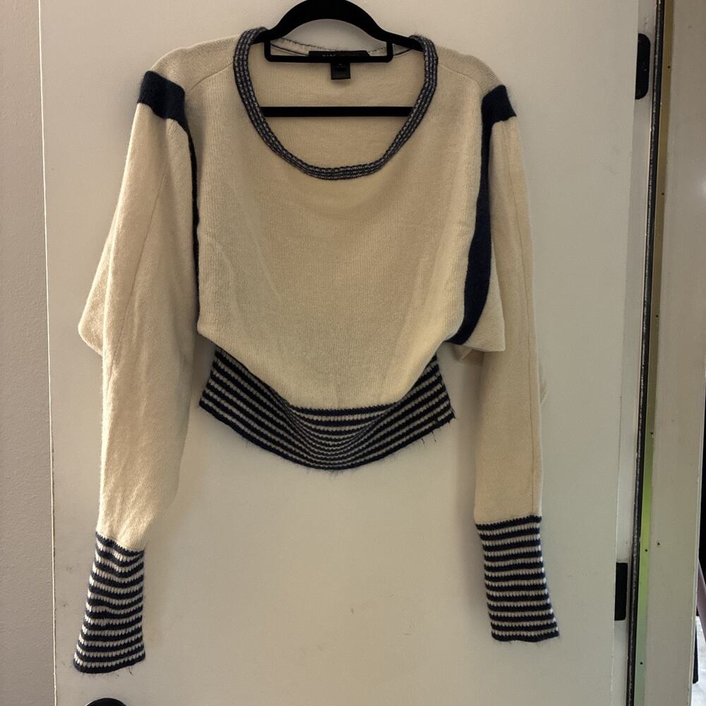 Marc Jacobs Wool Cashmere Angora Blend Striped Knit Sweater Cream Navy Size L